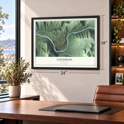 Coldiron, Kentucky map, 18 x 24 inch print in a black frame in a home office