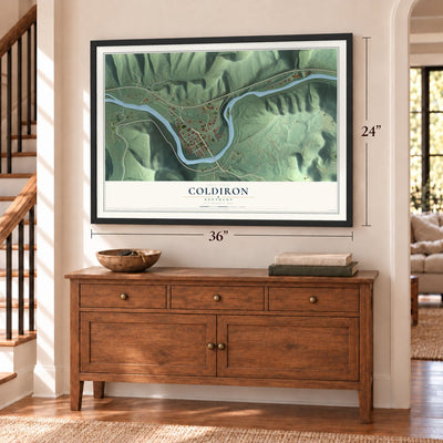Coldiron, Kentucky map, 24 x 36 inch print in a black frame above a dresser by a staircase
