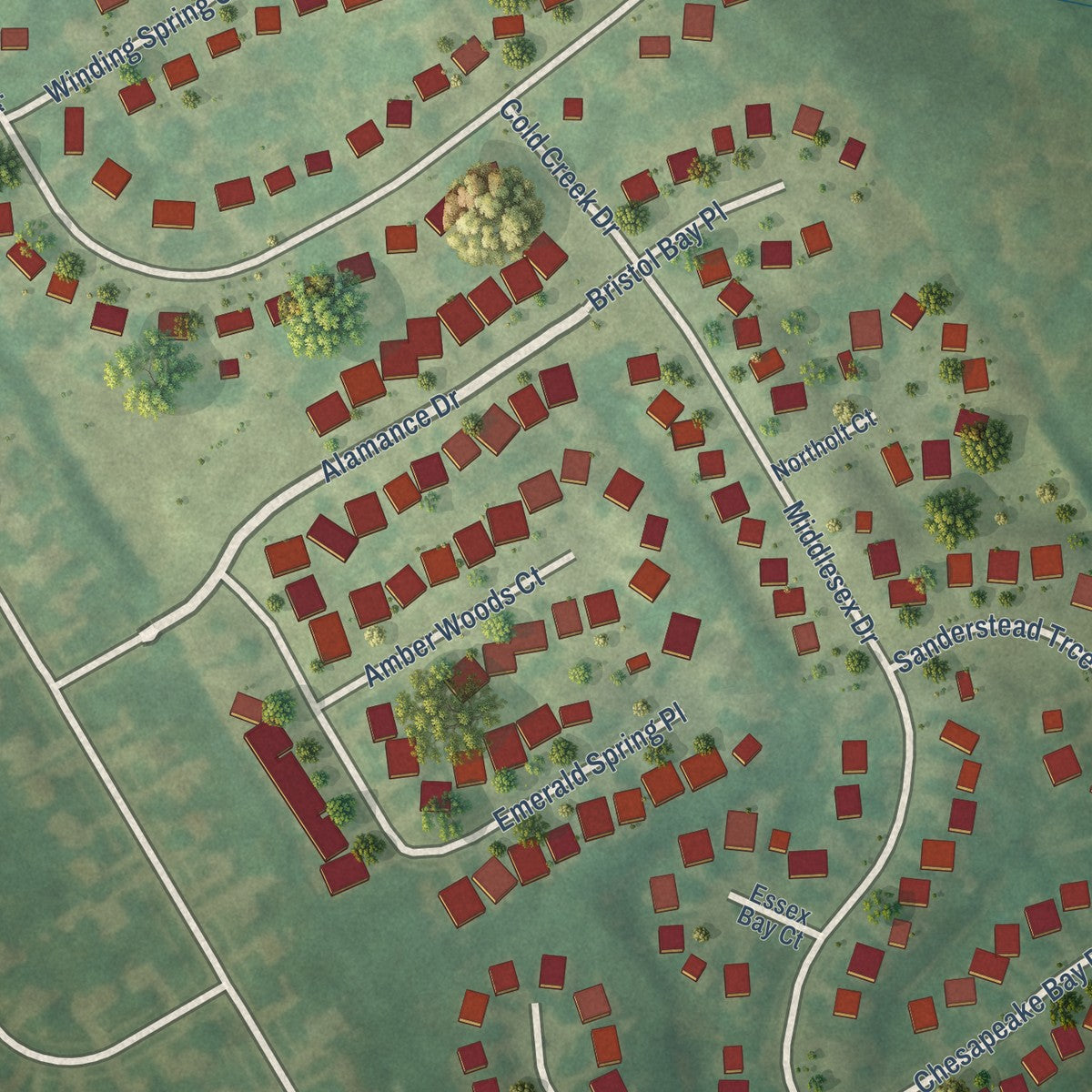 Close-up of the map of Coldstream, Kentucky print showing street and building detail