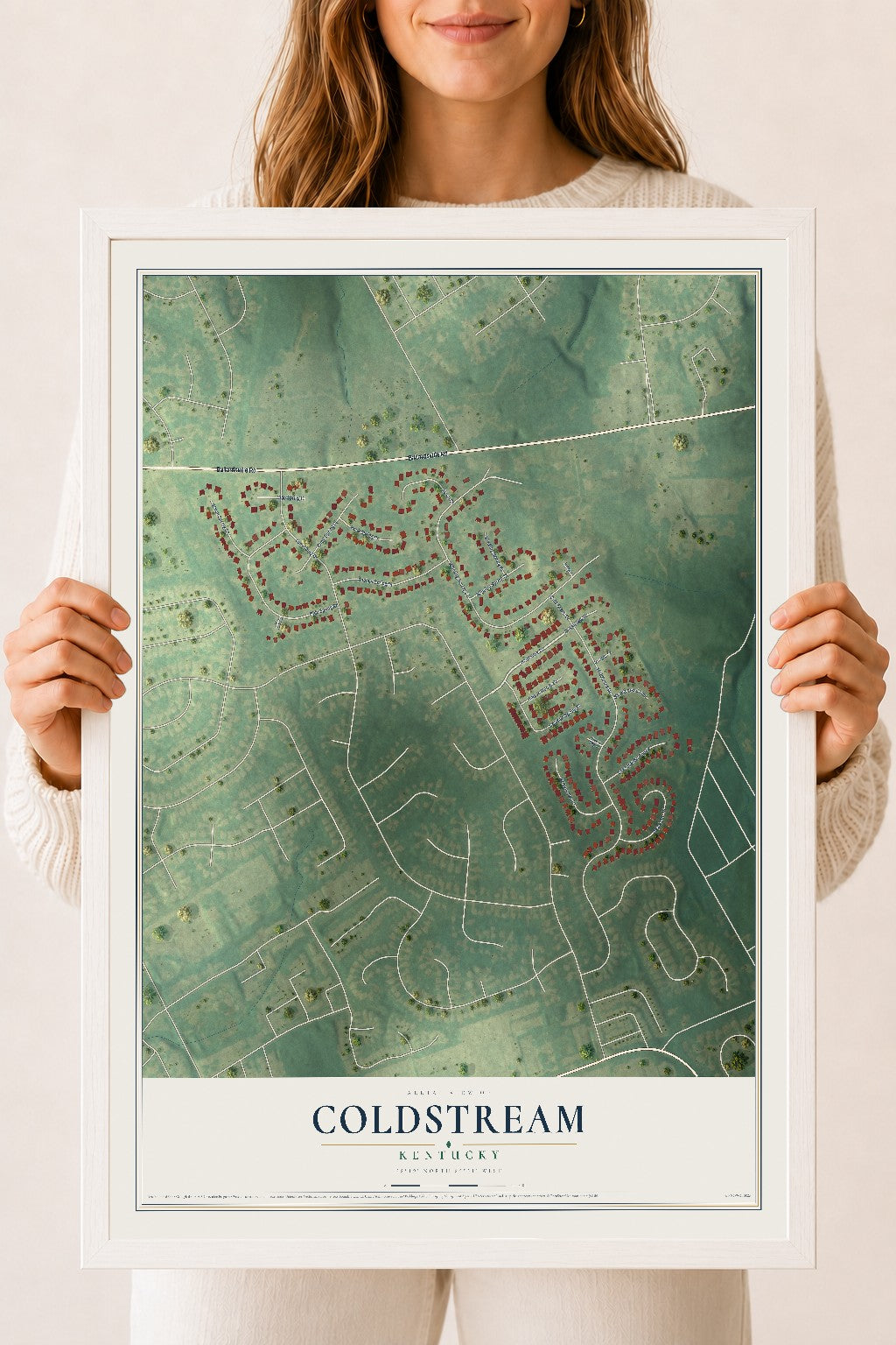 Map of Coldstream, Kentucky, 18 x 24 inch print in a white wood frame