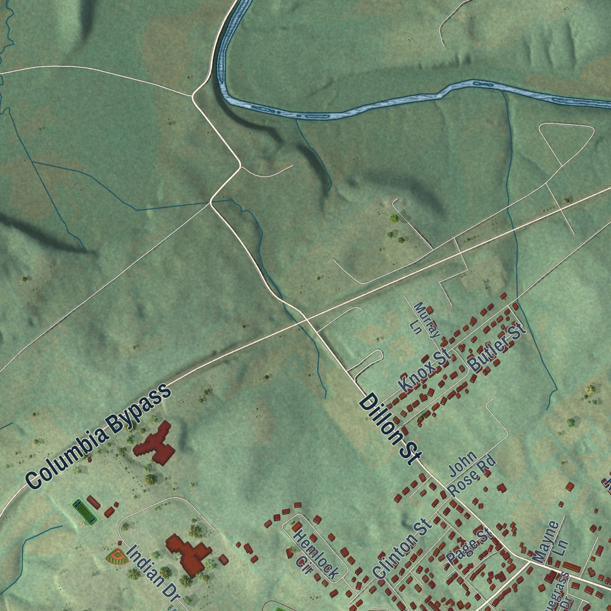 Second close-up of the map of Columbia, Kentucky print showing more streets and buildings