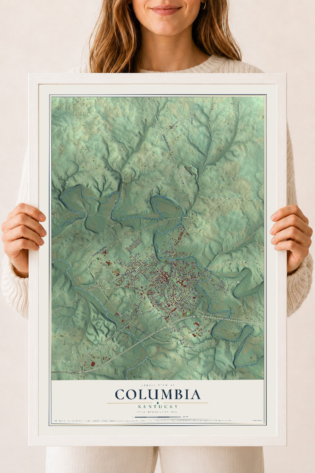 Map of Columbia, Kentucky, 18 x 24 inch print in a white wood frame