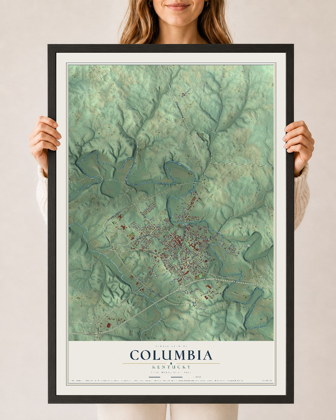Map of Columbia, Kentucky, 24 x 36 inch print in a black wood frame