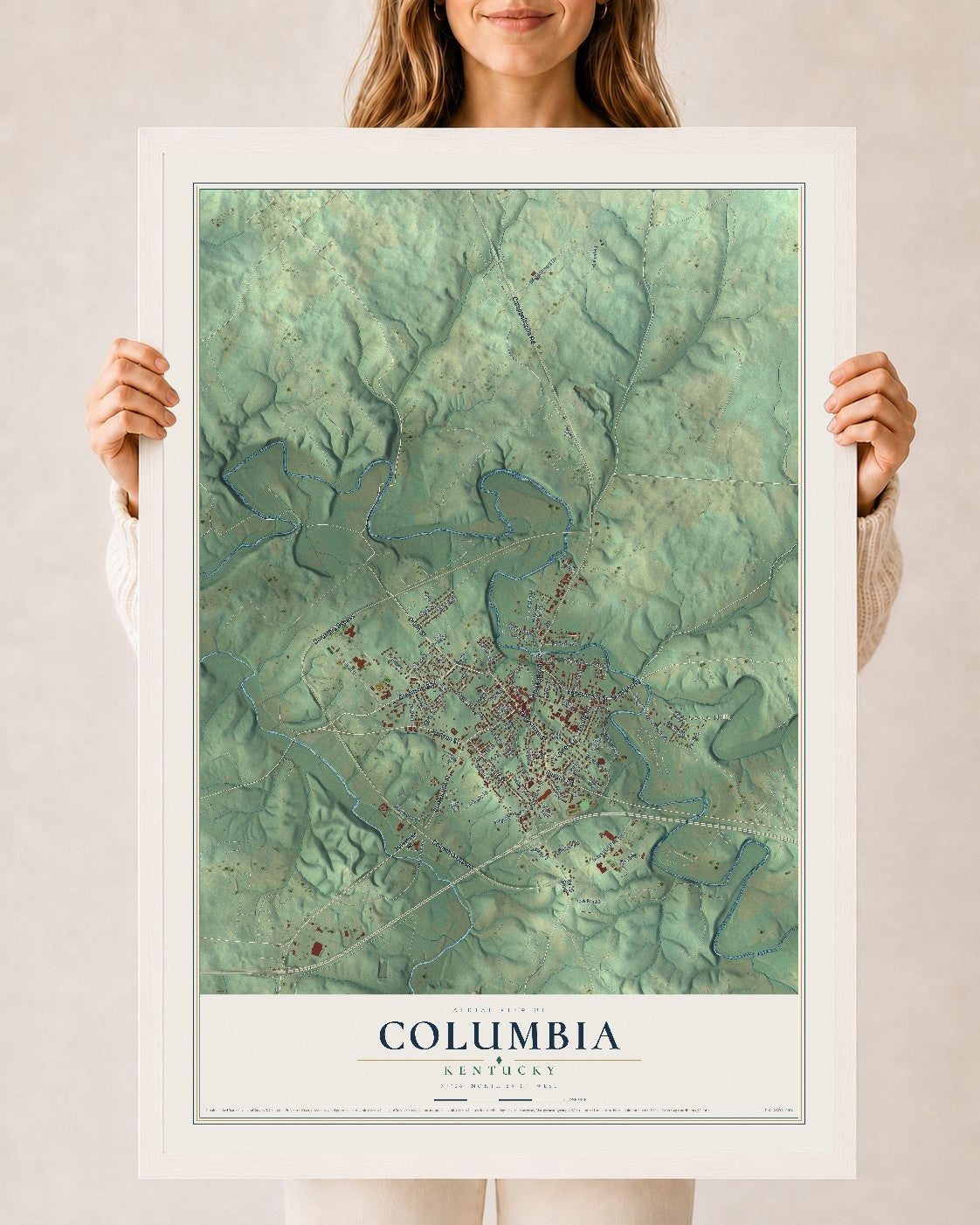 Map of Columbia, Kentucky, 24 x 36 inch print in a white wood frame