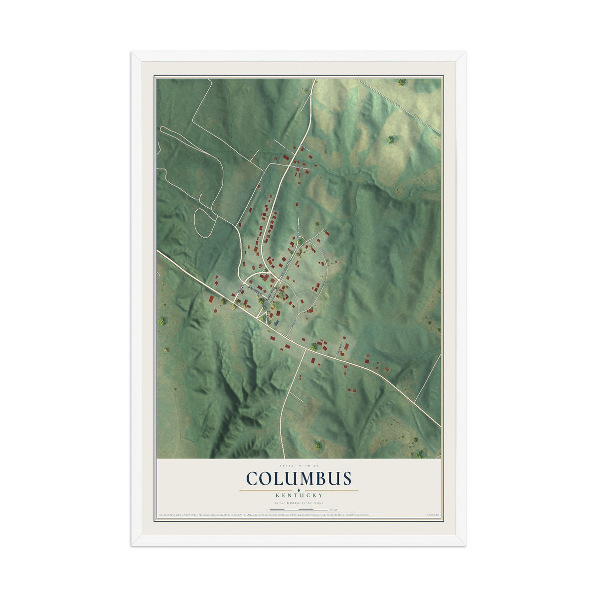 Map of Columbus, Kentucky, 12 x 18 inch print in a white wood frame
