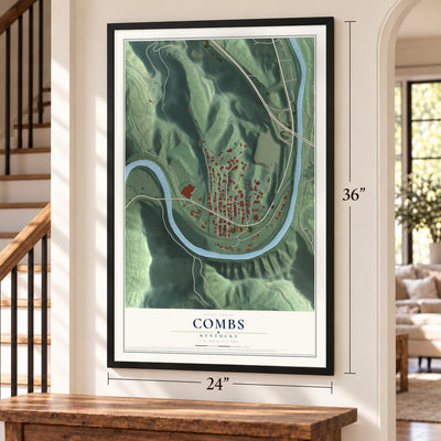 Combs, Kentucky map, 24 x 36 inch print in a black frame by a staircase