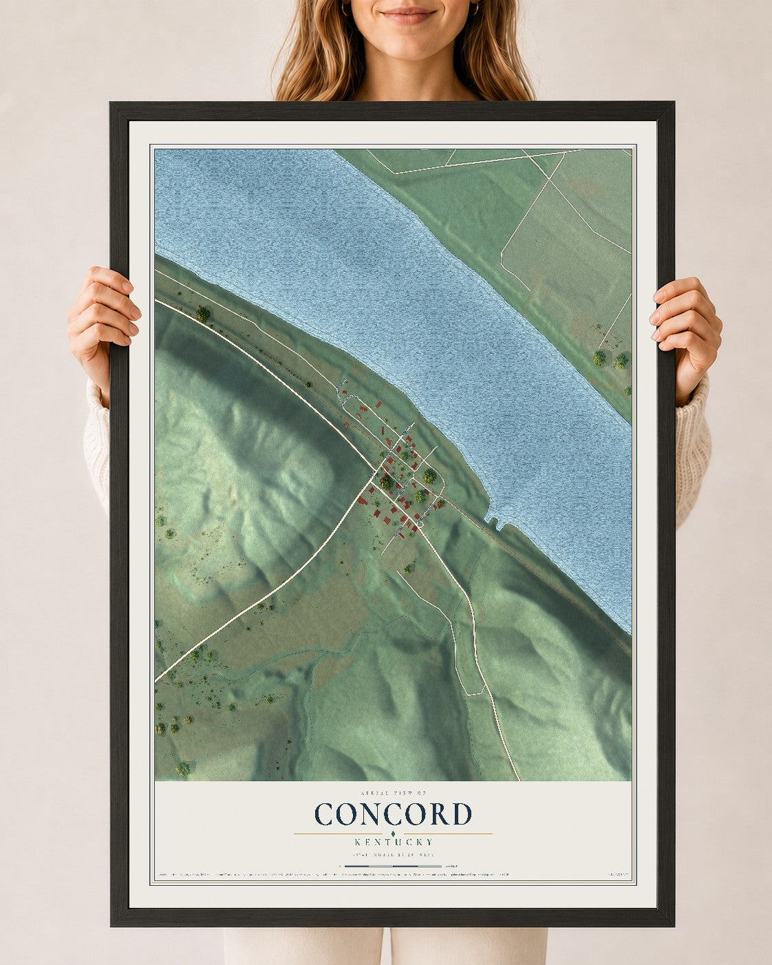 Map of Concord, Kentucky, 24 x 36 inch print in a black wood frame
