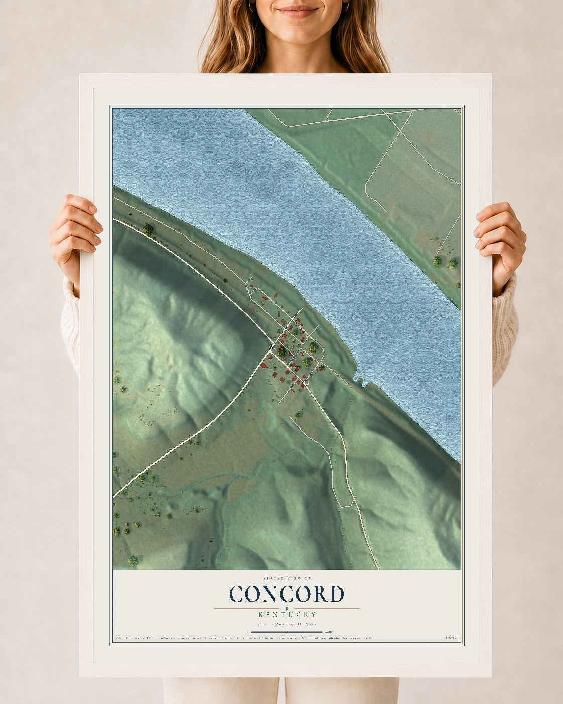 Map of Concord, Kentucky, 24 x 36 inch print in a white wood frame