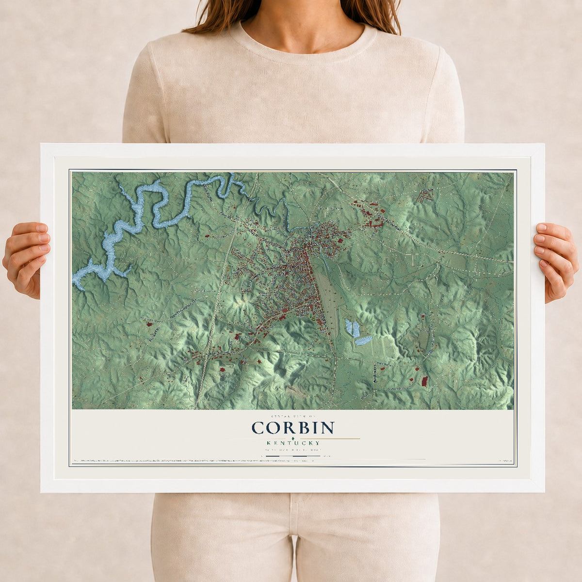 Map of Corbin, Kentucky, 12 x 18 inch print in a white wood frame