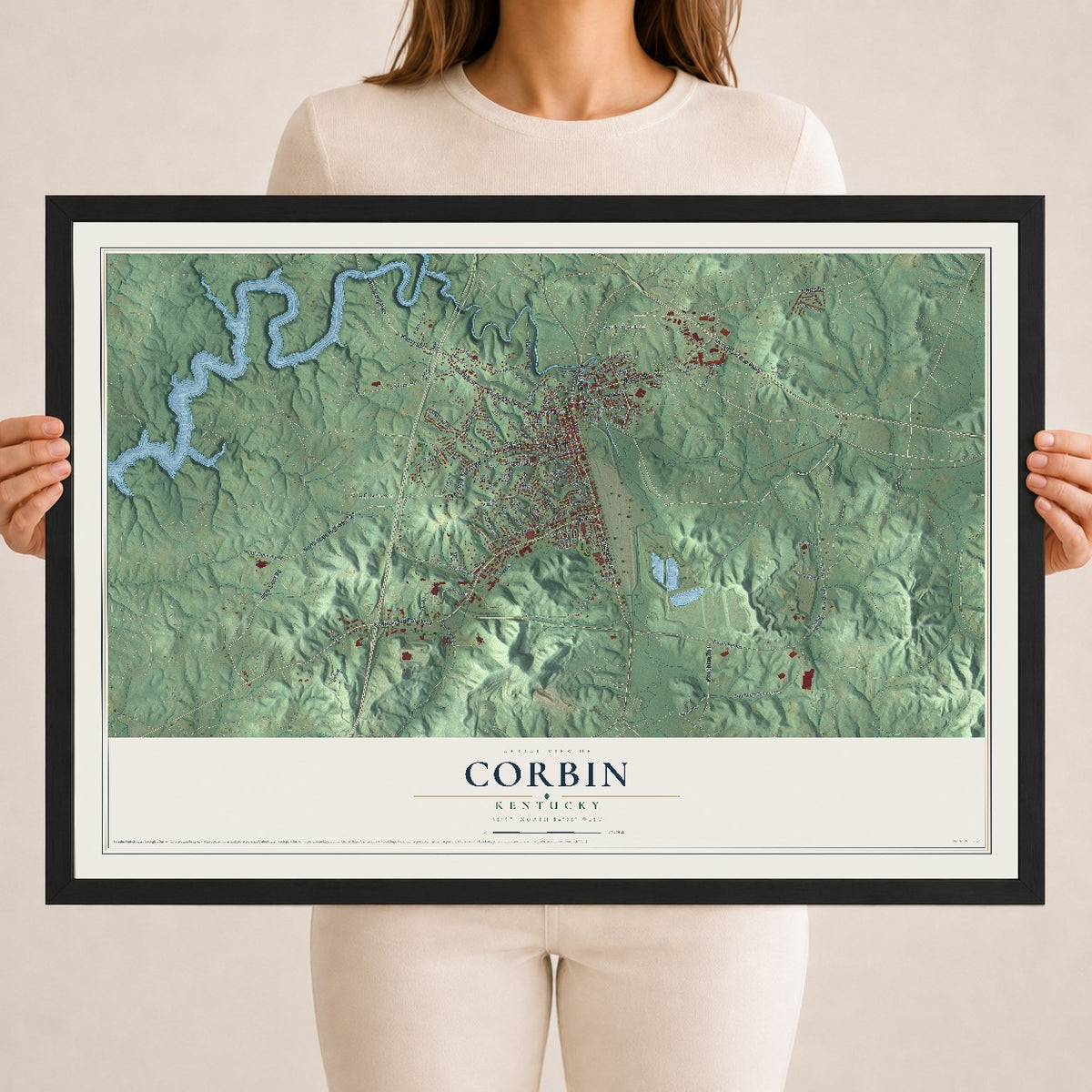 Map of Corbin, Kentucky, 18 x 24 inch print in a black wood frame