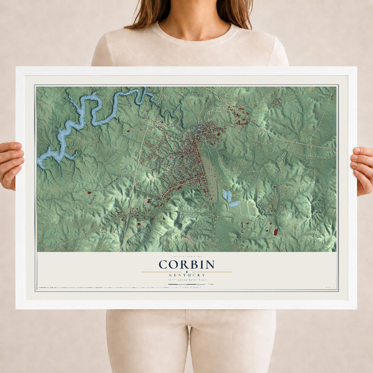 Map of Corbin, Kentucky, 18 x 24 inch print in a white wood frame