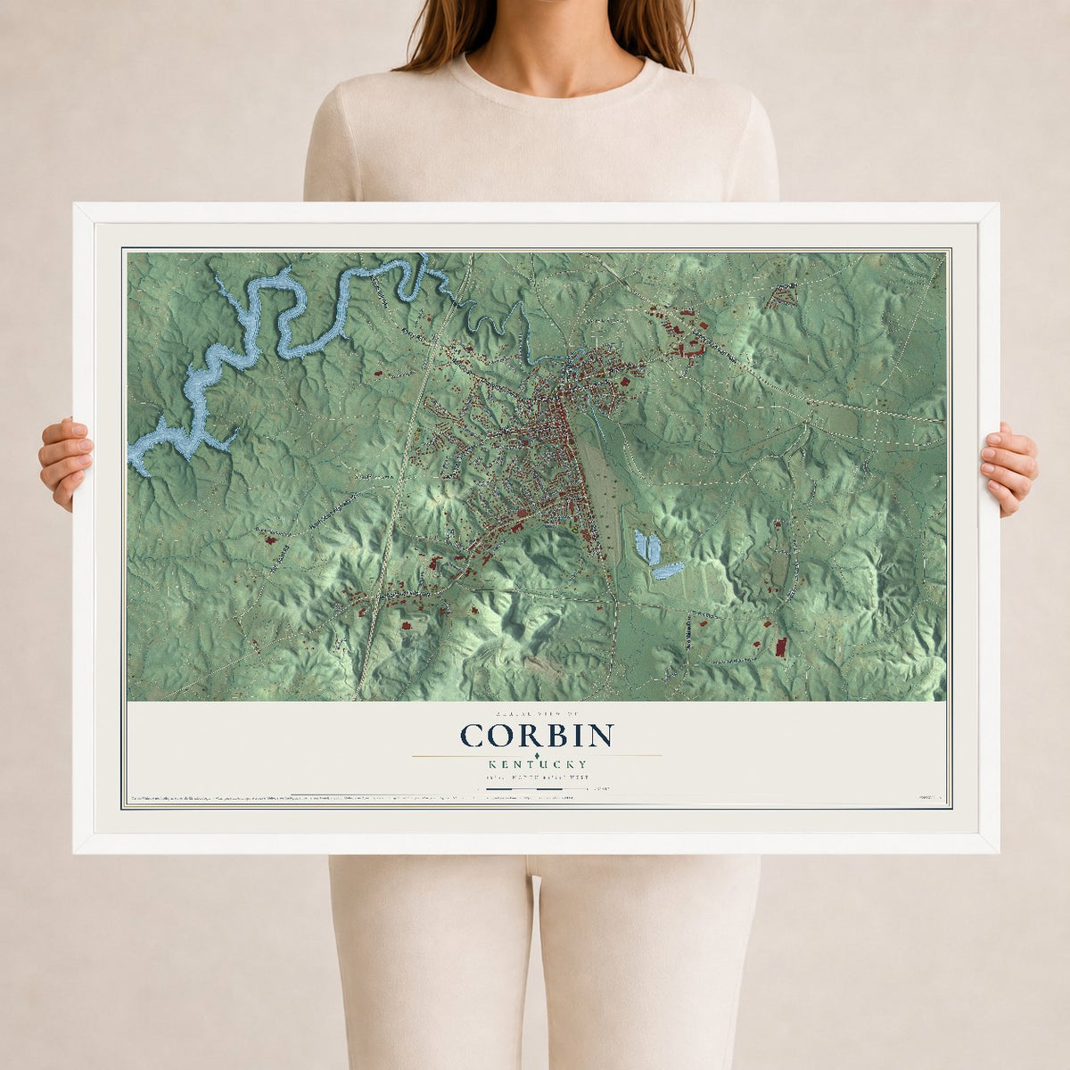 Map of Corbin, Kentucky, 24 x 36 inch print in a white wood frame