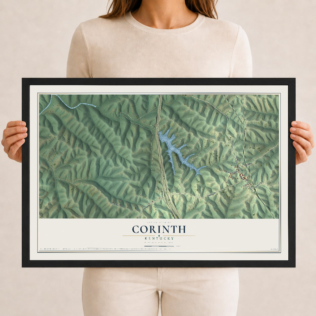 Map of Corinth, Kentucky, 12 x 18 inch print in a black wood frame