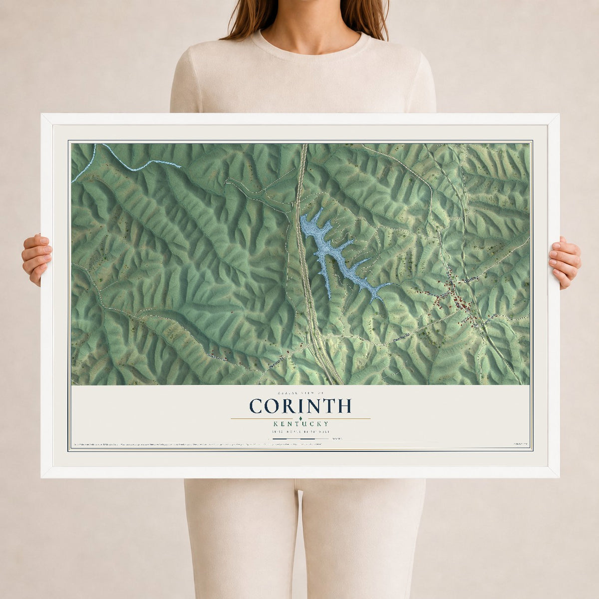 Map of Corinth, Kentucky, 24 x 36 inch print in a white wood frame