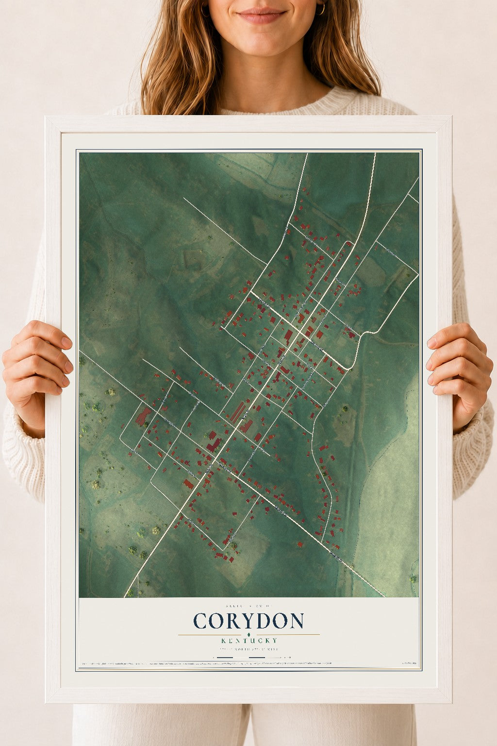 Map of Corydon, Kentucky, 18 x 24 inch print in a white wood frame