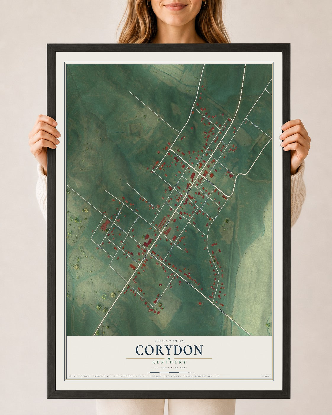 Map of Corydon, Kentucky, 24 x 36 inch print in a black wood frame