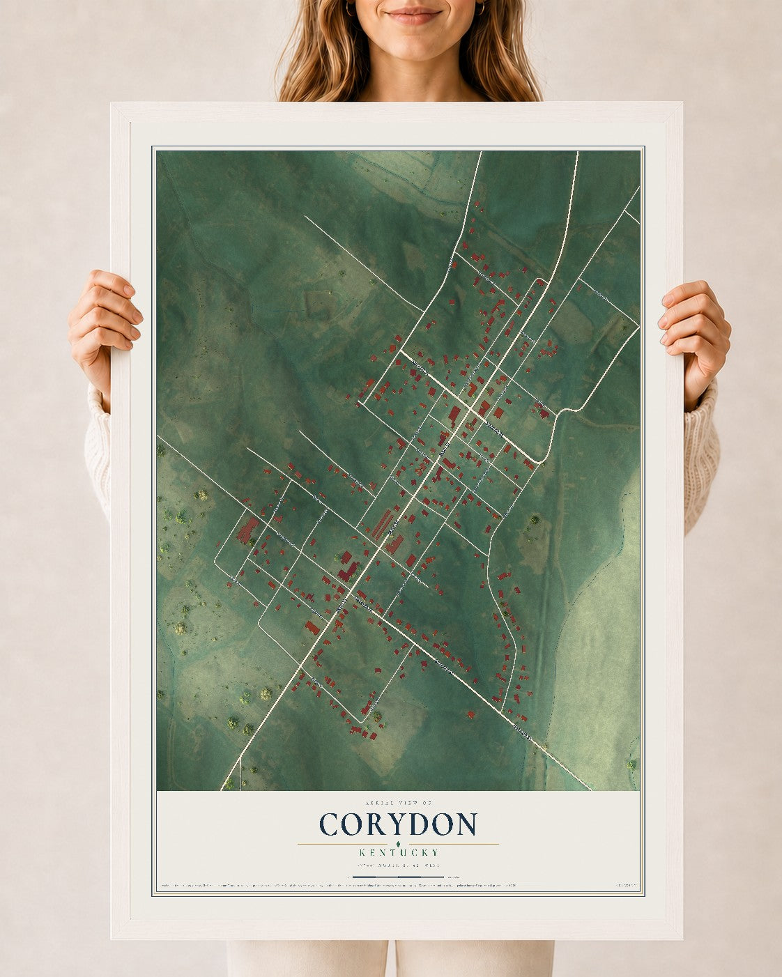 Map of Corydon, Kentucky, 24 x 36 inch print in a white wood frame