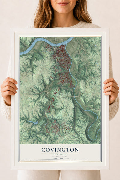 Map of Covington, Kentucky, 18 x 24 inch print in a white wood frame