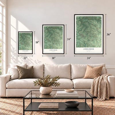 Coxs Creek, Kentucky map in 12 x 18, 18 x 24 and 24 x 36 inch sizes above a sofa