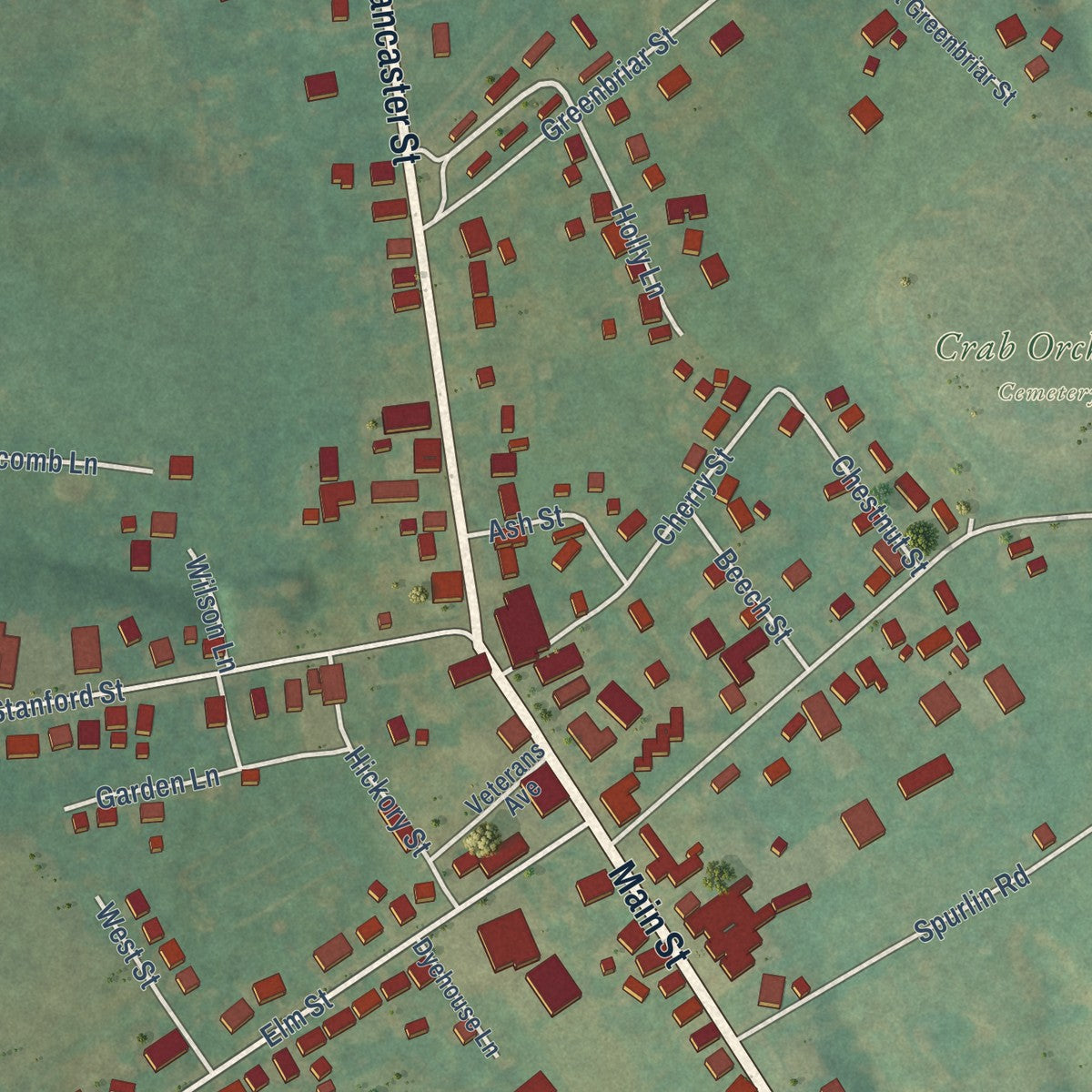 Close-up of the map of Crab Orchard, Kentucky print showing street and building detail