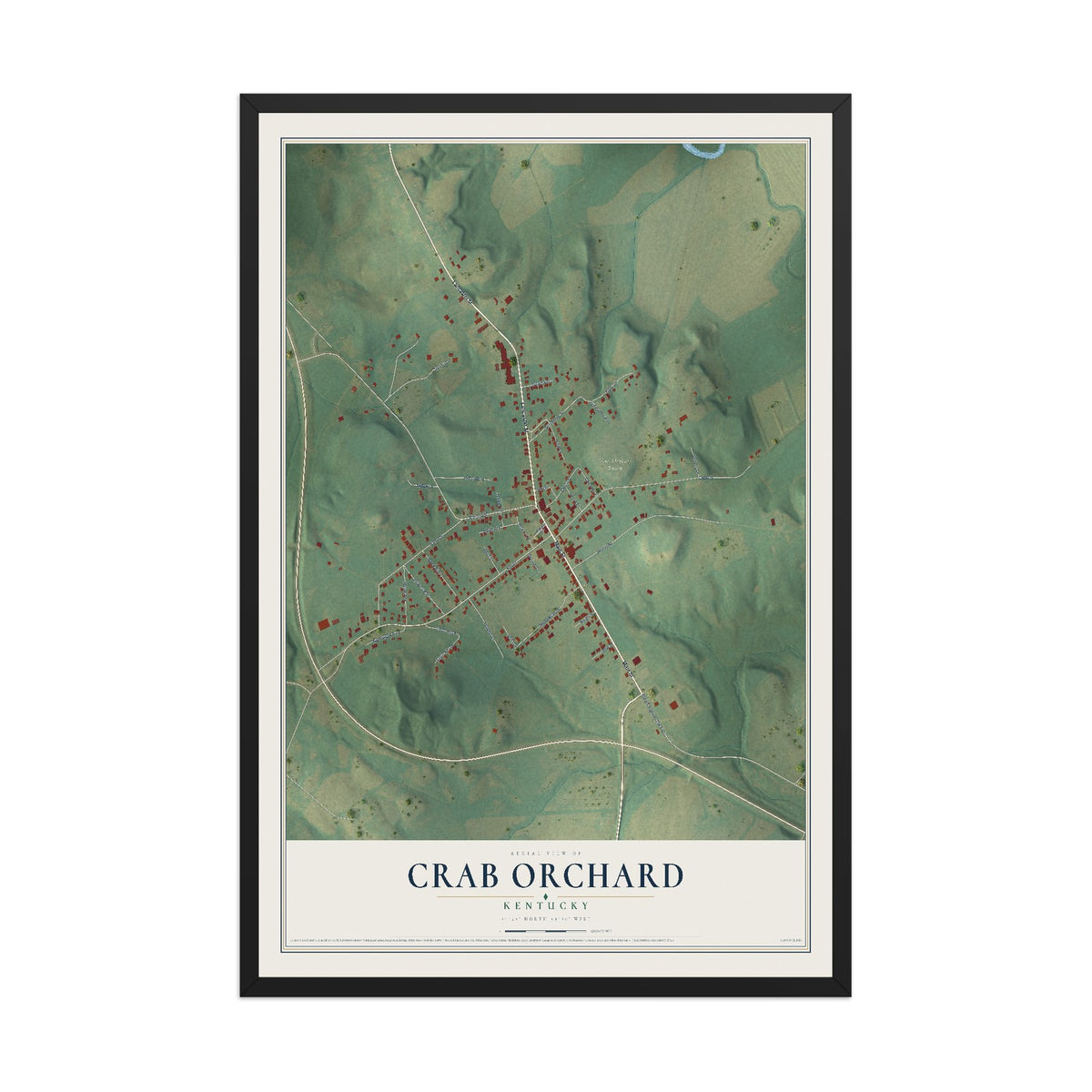 Map of Crab Orchard, Kentucky, 12 x 18 inch print in a black wood frame