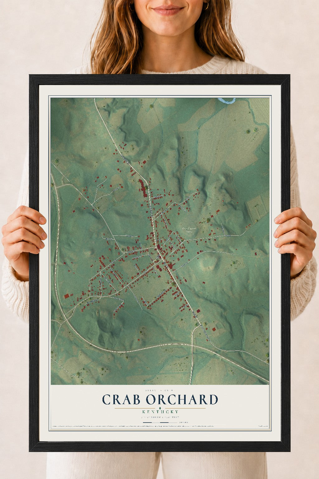 Map of Crab Orchard, Kentucky, 18 x 24 inch print in a black wood frame