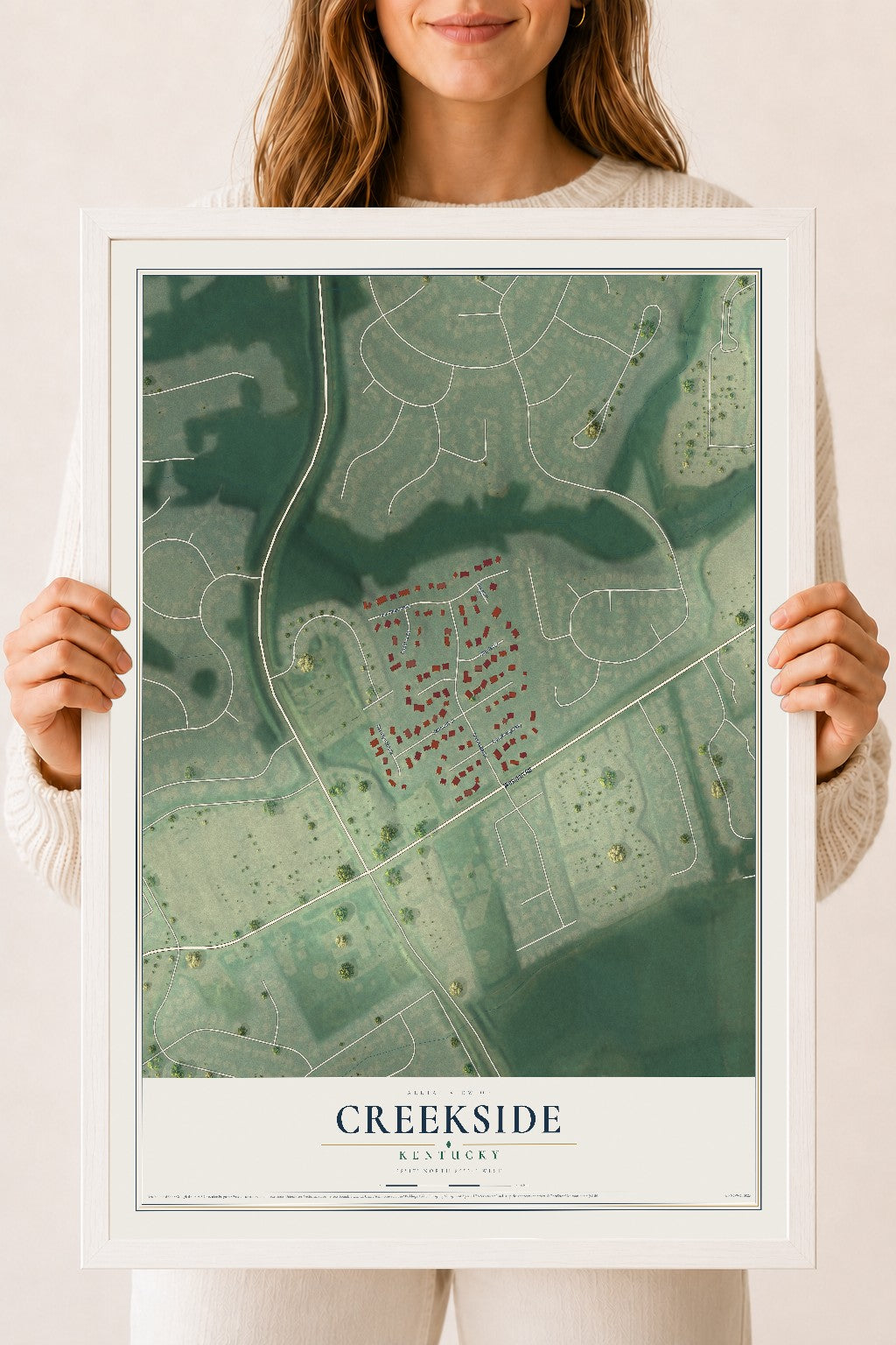 Map of Creekside, Kentucky, 18 x 24 inch print in a white wood frame