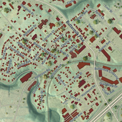Close-up of the map of Crescent Springs, Kentucky print showing street and building detail