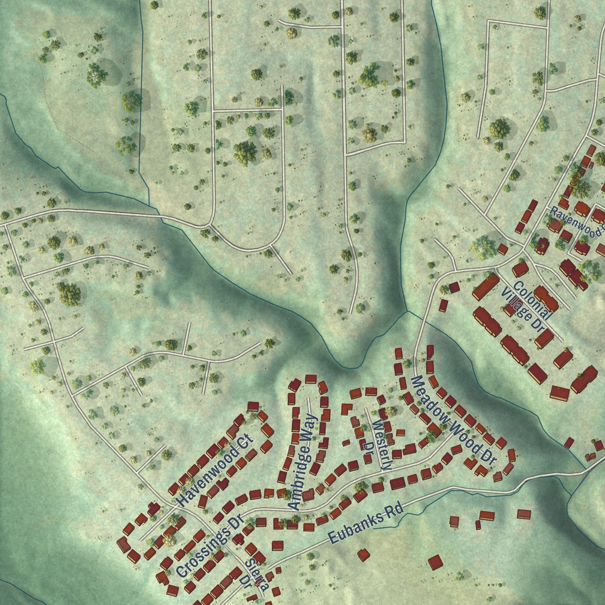 Second close-up of the map of Crescent Springs, Kentucky print showing more streets and buildings