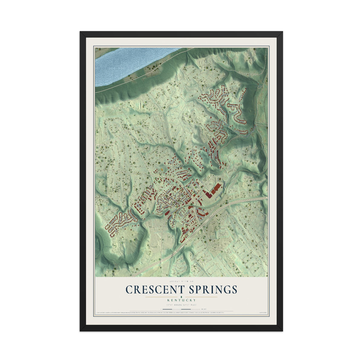 Map of Crescent Springs, Kentucky, 12 x 18 inch print in a black wood frame