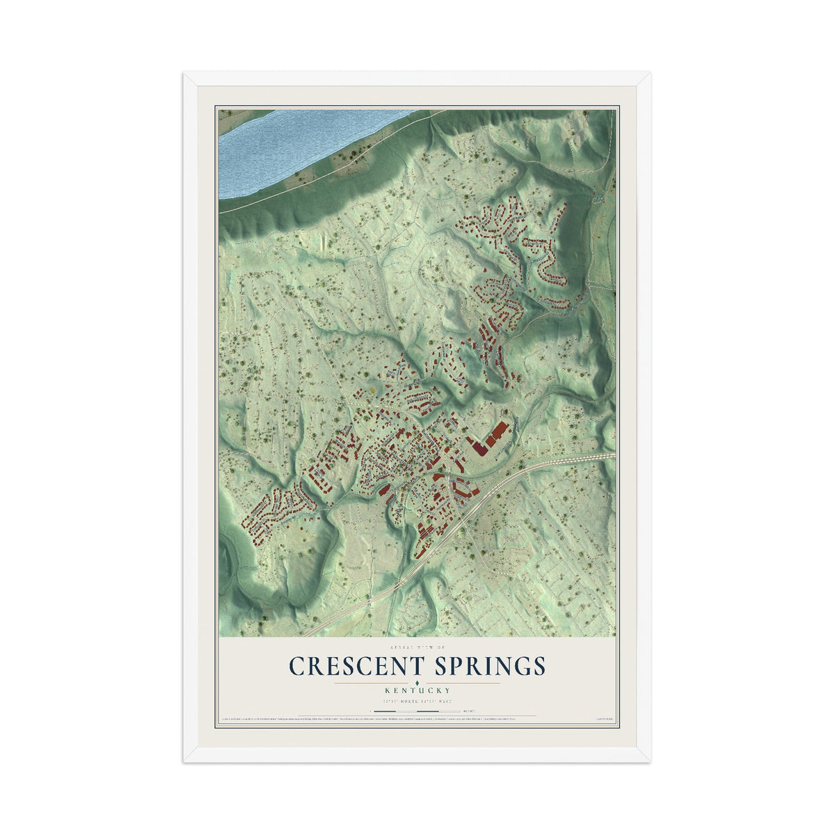 Map of Crescent Springs, Kentucky, 12 x 18 inch print in a white wood frame