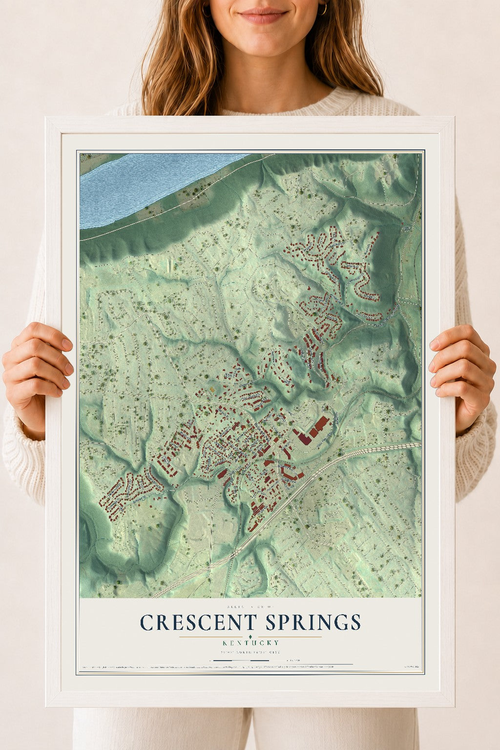 Map of Crescent Springs, Kentucky, 18 x 24 inch print in a white wood frame