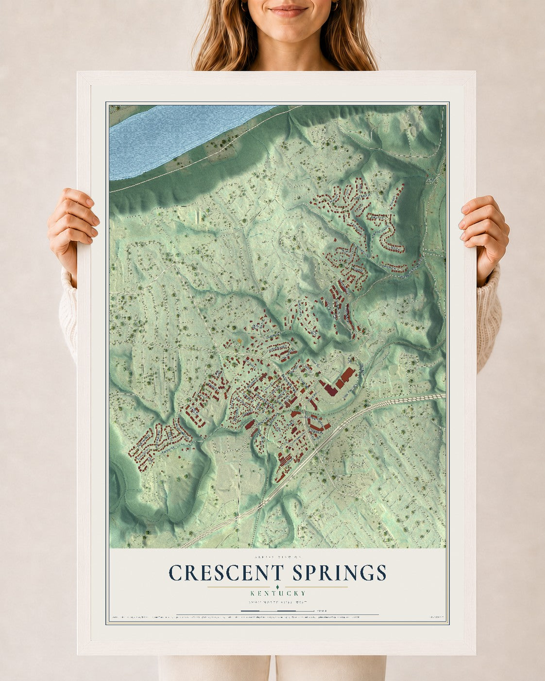 Map of Crescent Springs, Kentucky, 24 x 36 inch print in a white wood frame
