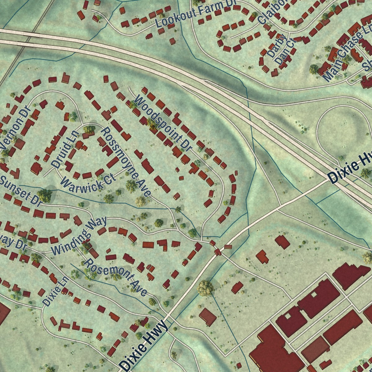 Close-up of the map of Crestview Hills, Kentucky print showing street and building detail