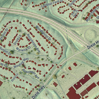 Close-up of the map of Crestview Hills, Kentucky print showing street and building detail