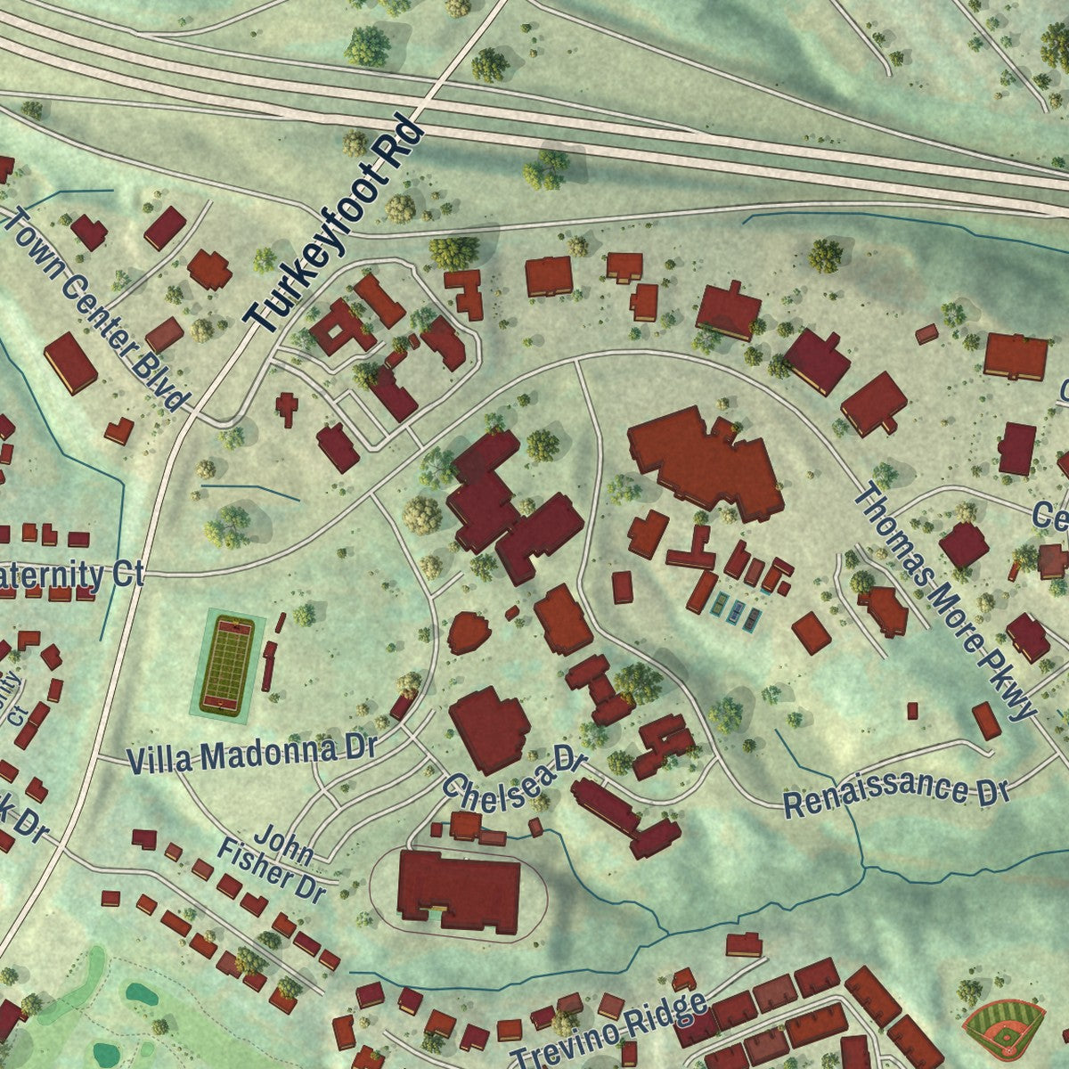 Second close-up of the map of Crestview Hills, Kentucky print showing more streets and buildings