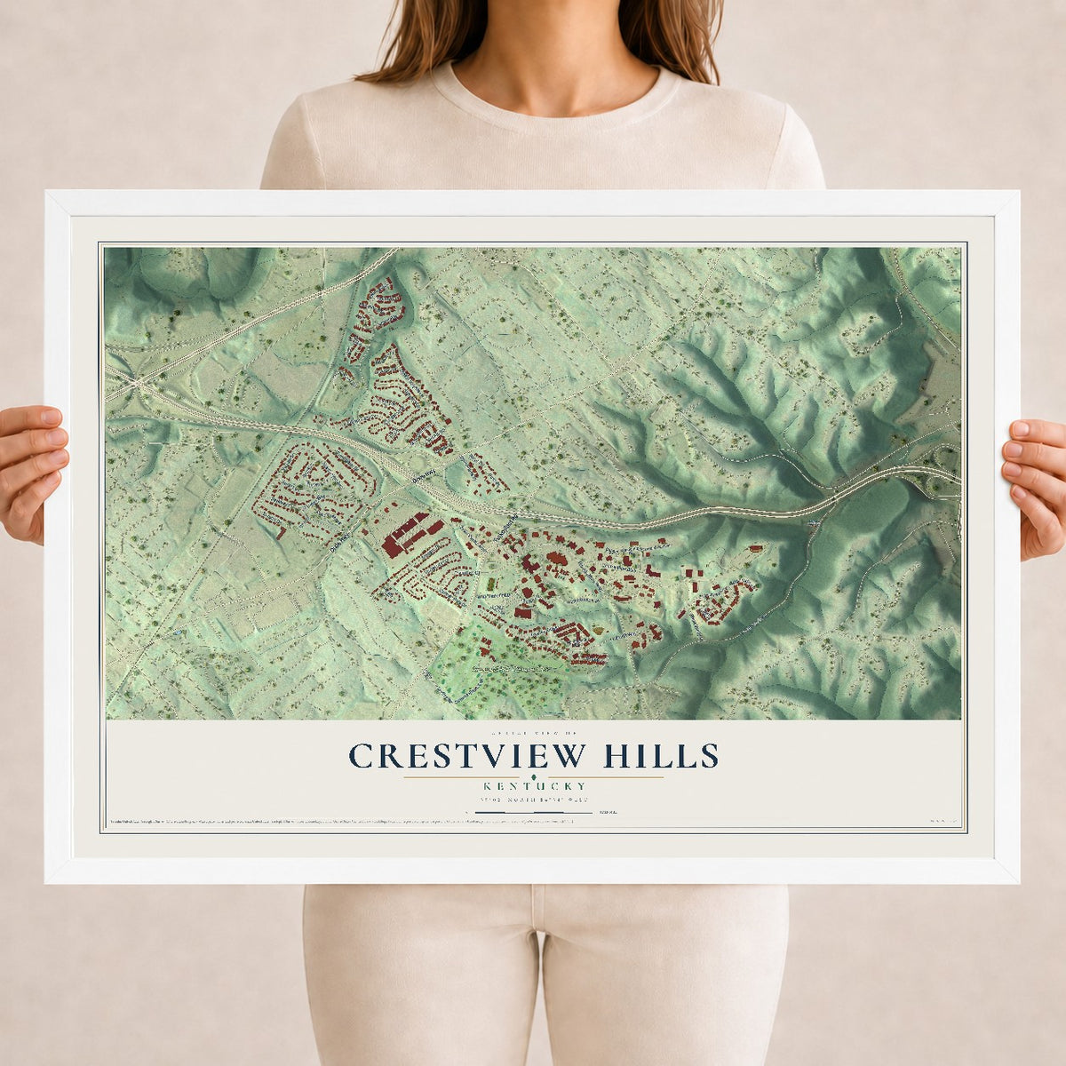 Map of Crestview Hills, Kentucky, 18 x 24 inch print in a white wood frame
