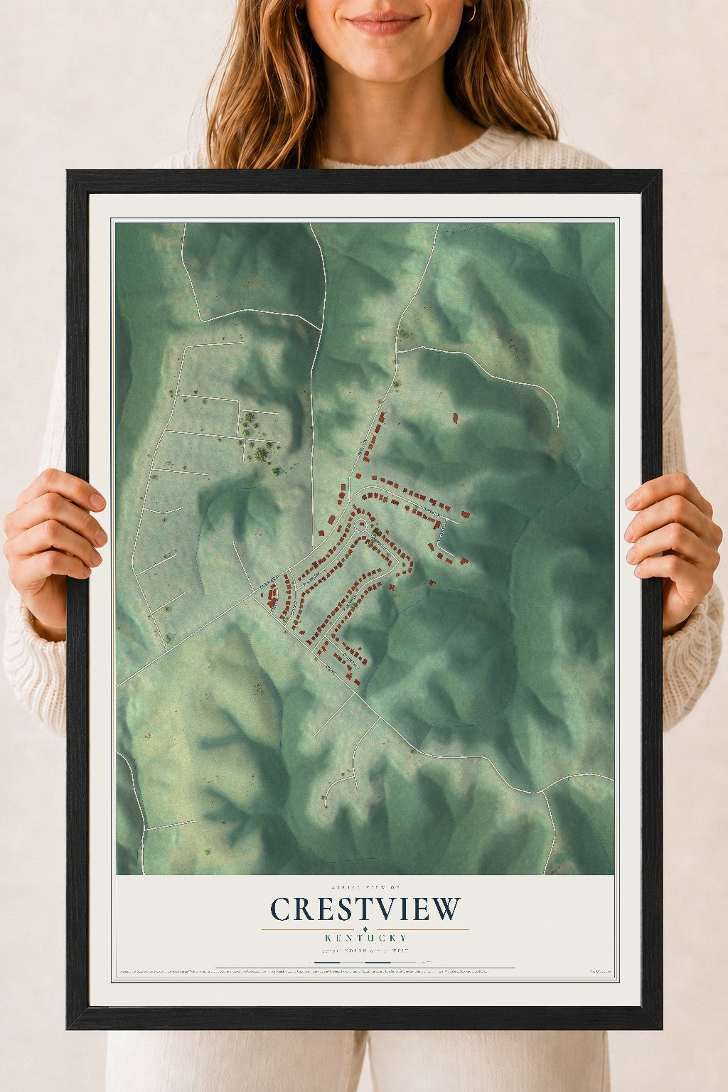 Map of Crestview, Kentucky, 18 x 24 inch print in a black wood frame