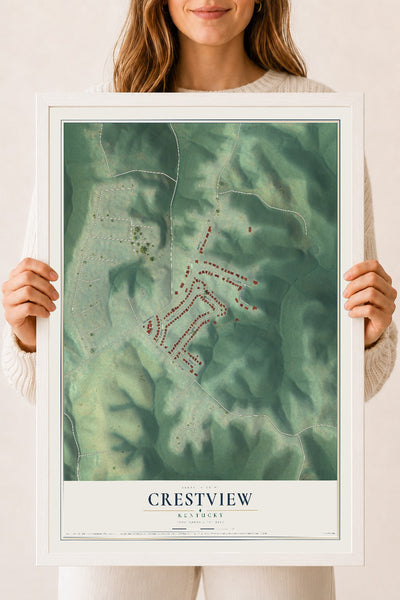 Map of Crestview, Kentucky, 18 x 24 inch print in a white wood frame