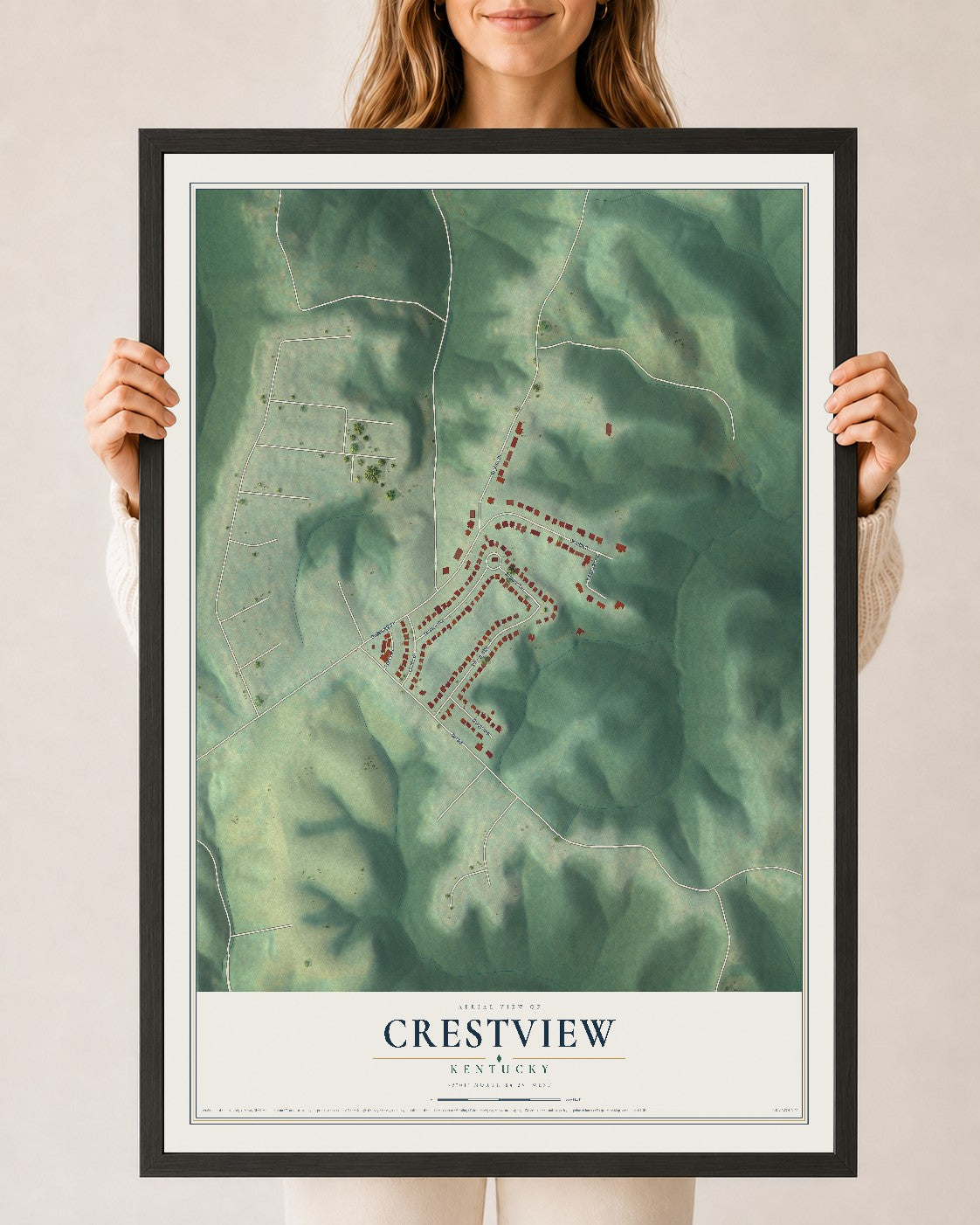 Map of Crestview, Kentucky, 24 x 36 inch print in a black wood frame