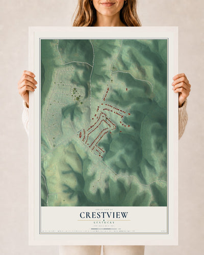 Map of Crestview, Kentucky, 24 x 36 inch print in a white wood frame