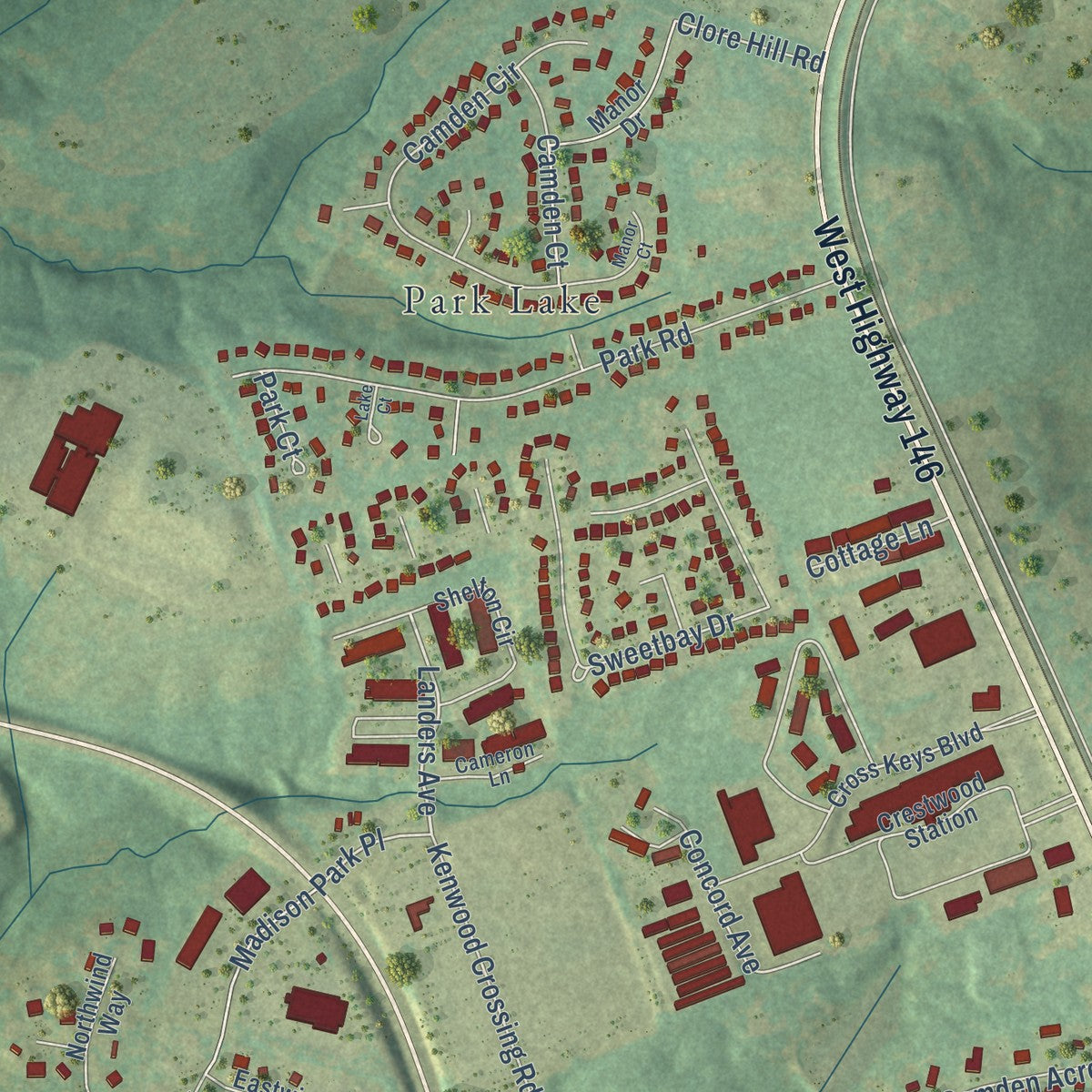 Second close-up of the map of Crestwood, Kentucky print showing more streets and buildings