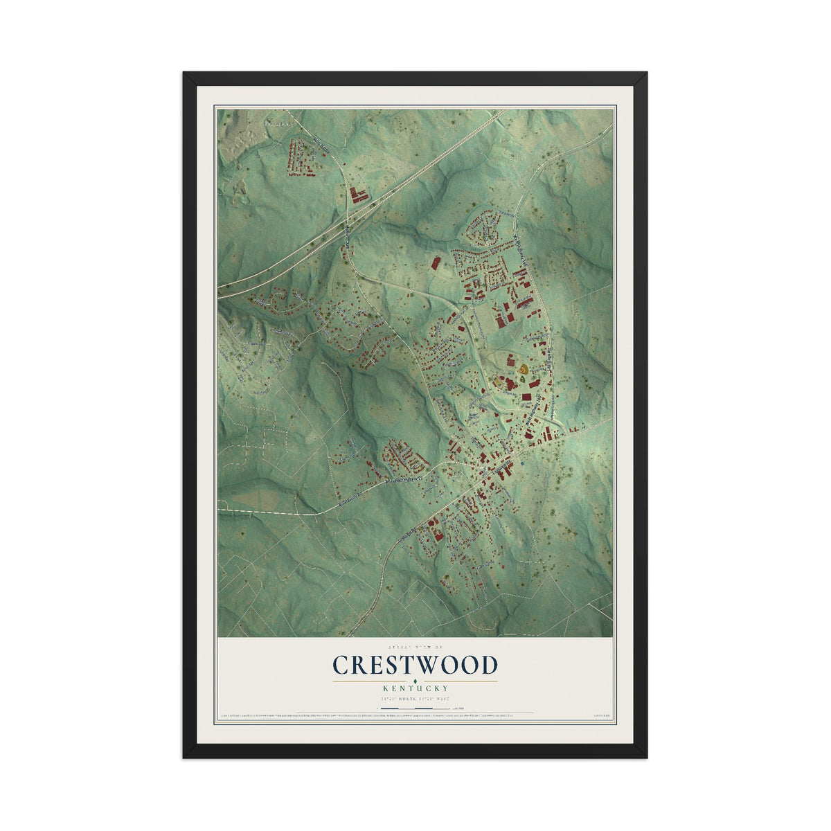 Map of Crestwood, Kentucky, 12 x 18 inch print in a black wood frame