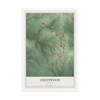 Map of Crestwood, Kentucky, 12 x 18 inch print in a white wood frame