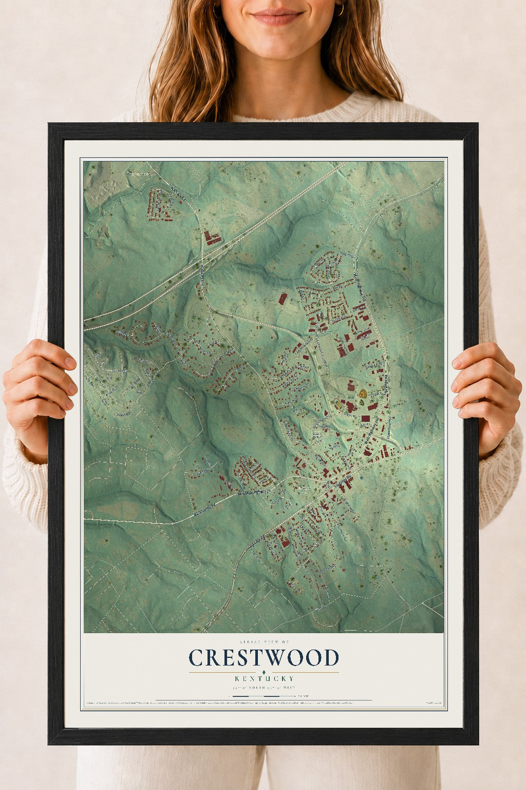 Map of Crestwood, Kentucky, 18 x 24 inch print in a black wood frame