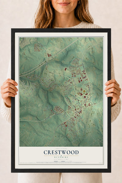 Map of Crestwood, Kentucky, 18 x 24 inch print in a black wood frame