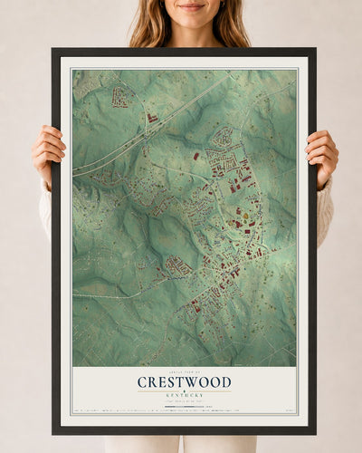 Map of Crestwood, Kentucky, 24 x 36 inch print in a black wood frame