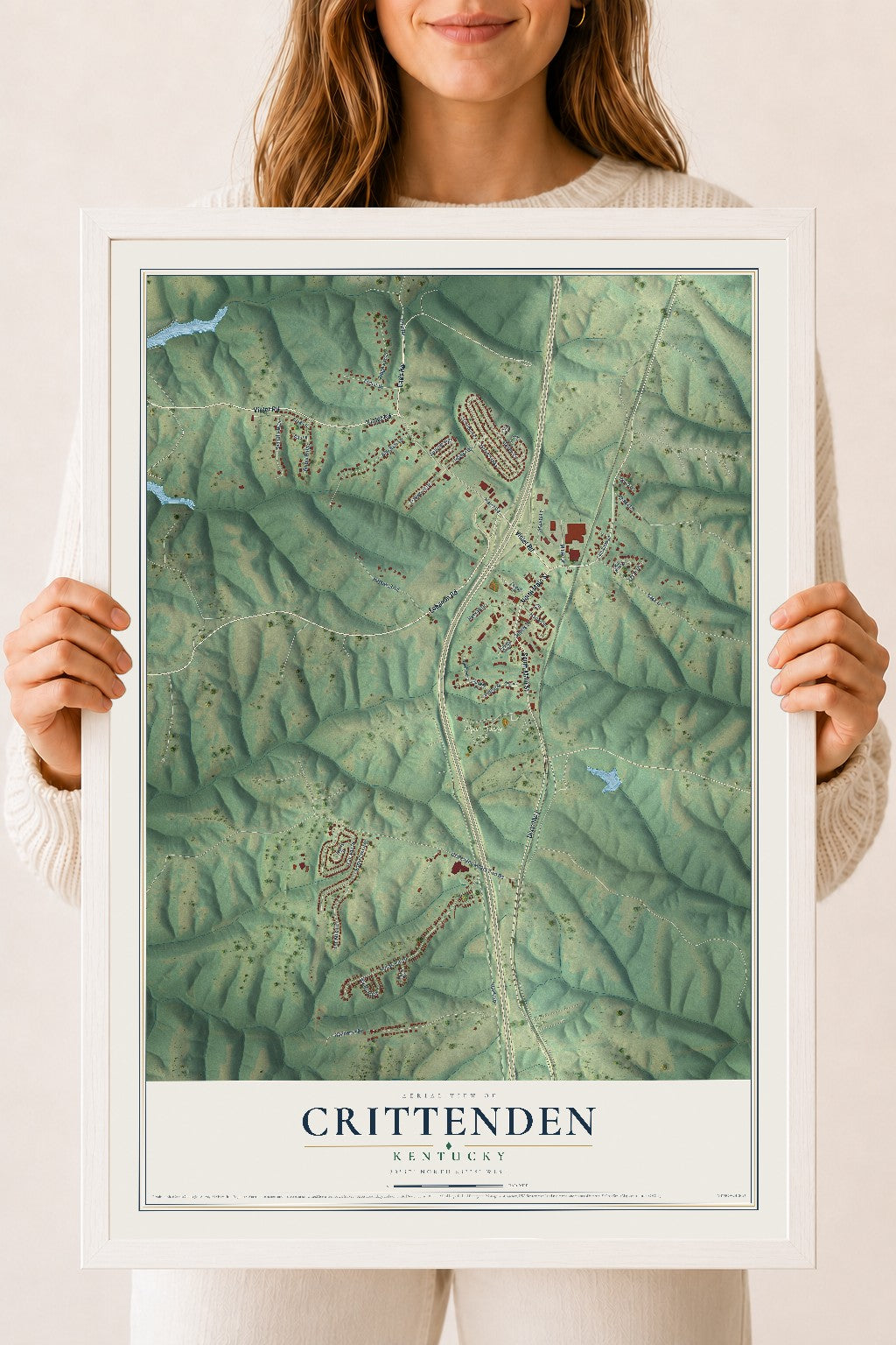 Map of Crittenden, Kentucky, 18 x 24 inch print in a white wood frame