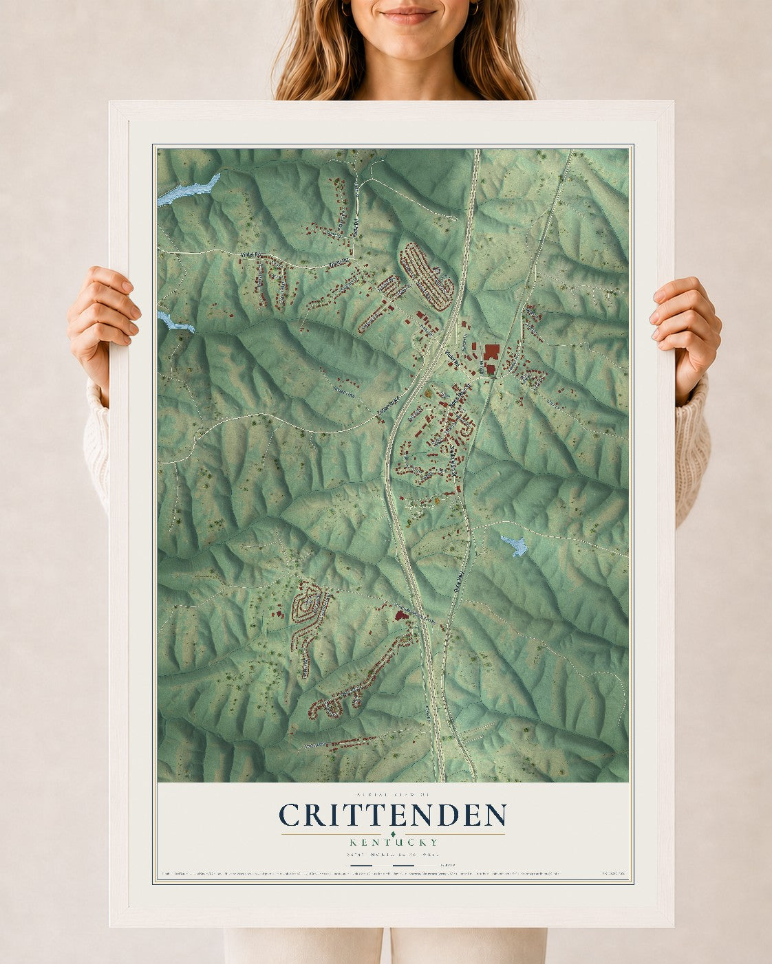 Map of Crittenden, Kentucky, 24 x 36 inch print in a white wood frame