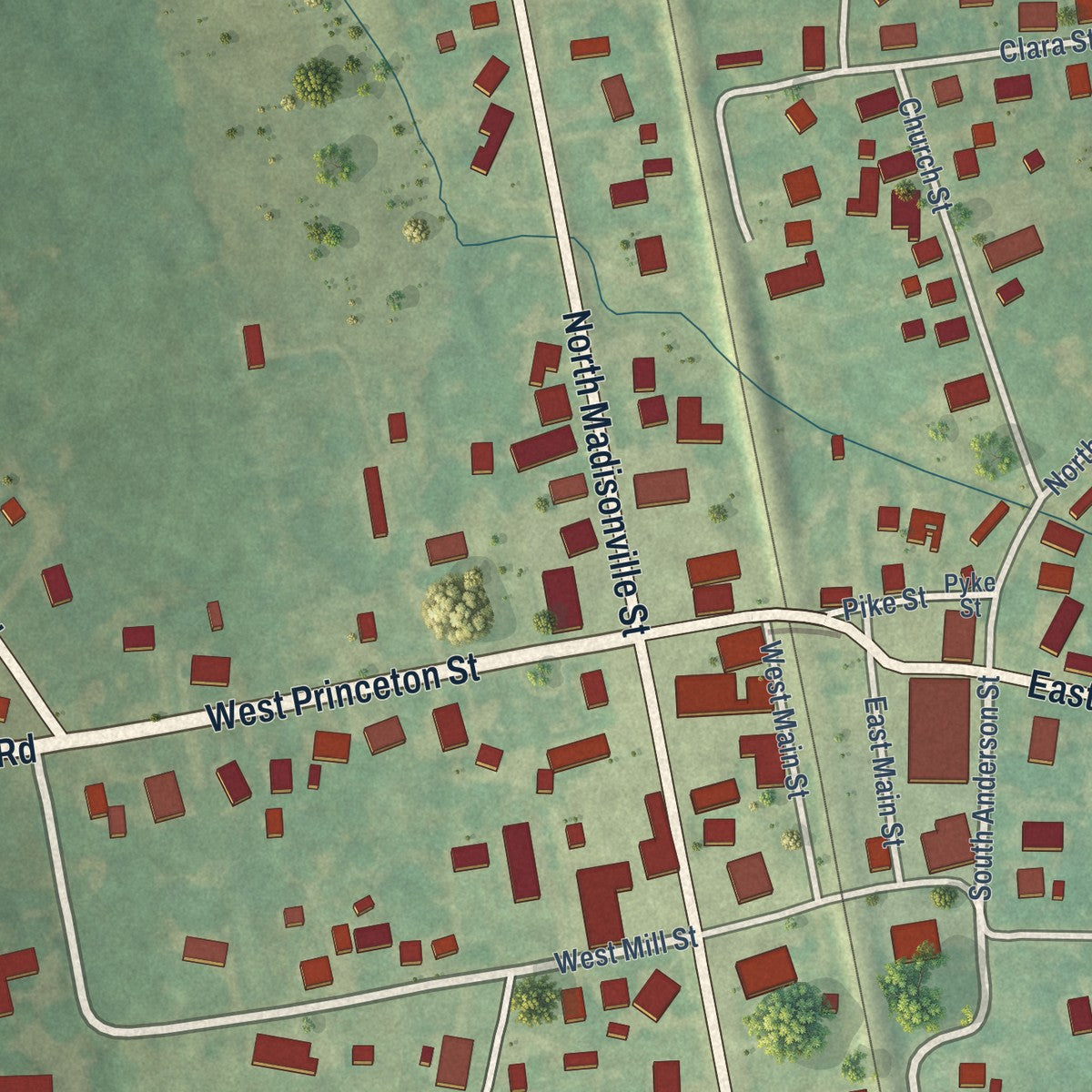Close-up of the map of Crofton, Kentucky print showing street and building detail